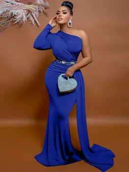Aafrika Kleidid Naistele Diagonaal Krae Ühe Õla Riideid Moe Solid Color Slim Draped Aafrika Maxi Kleit 2023 Kevadel Uus
