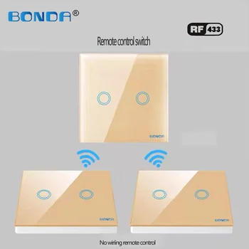 BONDA ELI standard,1 gang 2 viis klaasist paneel, smart home 433mhz juhtmevaba kaugjuhtimispuldi seina lamp touch lüliti ,kaugjuhtimispuldi touch lüliti