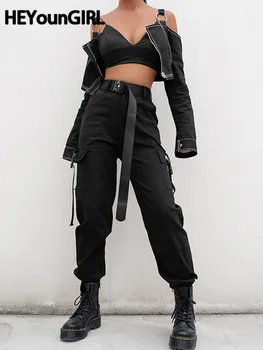 HEYounGIRL Streetwear Cargo Püksid Naiste Vabaaja Joggers Must Kõrge Vöökoht Lahtised Naiste Püksid Korea Stiilis Daamid Capri Püksid