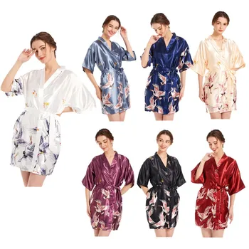 Hulgi-Või Atlass-Siid Kraana Prindi Lühike Kimono Hommikumantel V Kaela Naiste Suvine Kaste Kleit Öö Rüü Sleepwear Jaoks Pulmapidu Spa