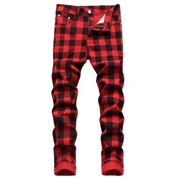 Meeste Punane Ruuduline Trükitud Püksid Mood Õhuke Stretch Teksad Trendikas Plus Size Pikad Püksid