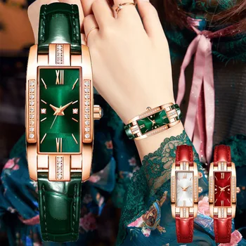 Naiste Kellad Diamond Väike Roheline Vaadata Retro Nahast Rihm Kvarts Mood Käevõru Montre Femme Reloj Mujer Relojes Para Mujer