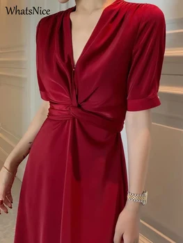 Uus korea Fashion Naine Kleit Punane Casual Kleidid Satiin Naiste Naine Office Lady Koo Kanda Seksikas Sidemega Vintage Kleit
