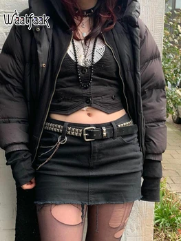 Waatfaak Must Ripitud Jean Seelik Naiste Streetwear Tume akadeemiliste Ringkondade Y2K Grunge Seelik Mini Goth Retro Seksikas Denim Seelik Femme Harajuku